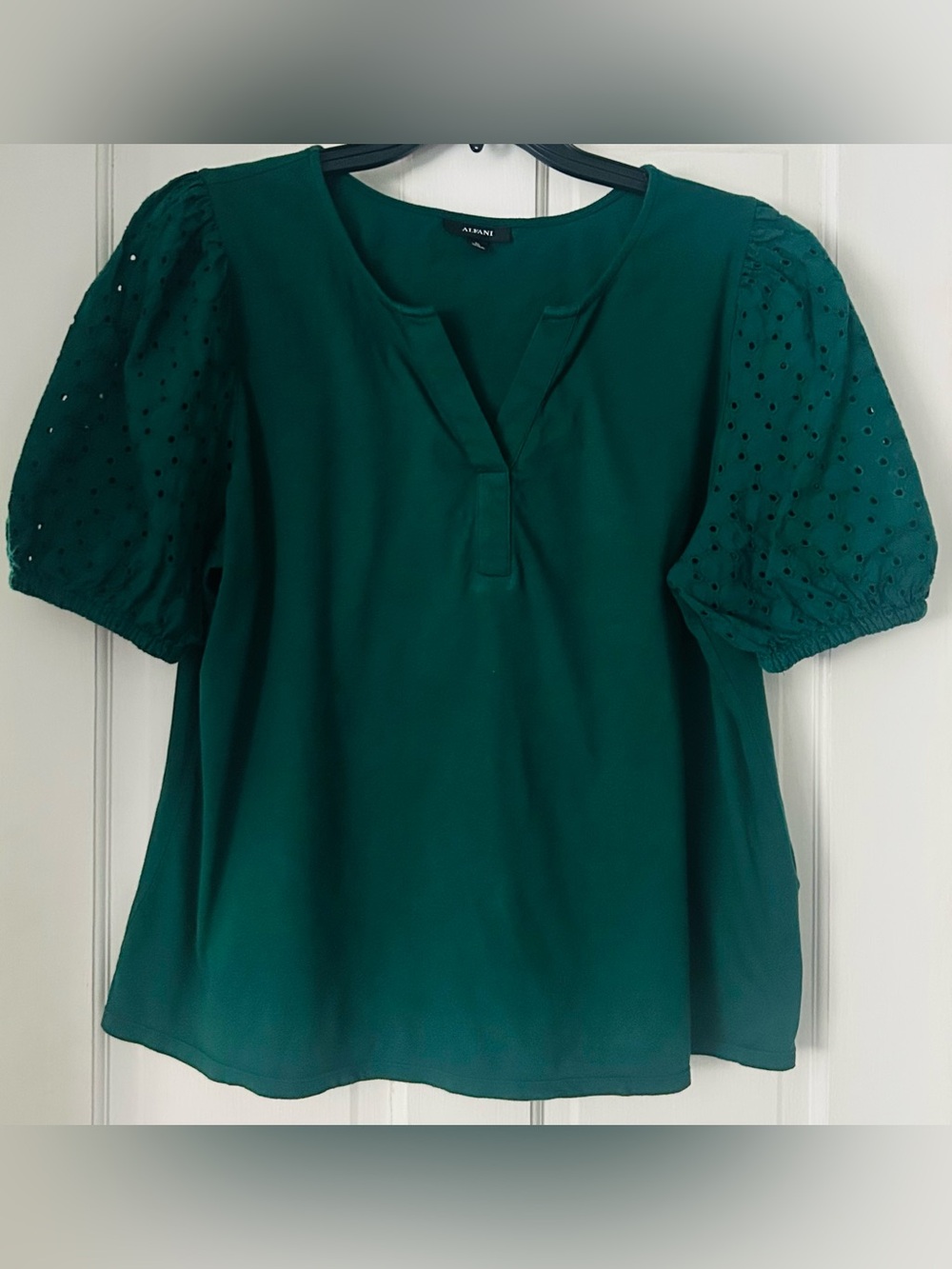 Alfani Emerald Green w/ Eyelet Lace Puffy Short Sleeves VNeck 100% Cotton XL